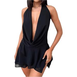 imageMakeMeChic Womens Chiffon Halter Draped Backless Dress Ruffle Tiered Party Mini DressesBlack