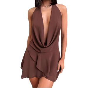 imageMakeMeChic Womens Chiffon Halter Draped Backless Dress Ruffle Tiered Party Mini DressesCoffee Brown
