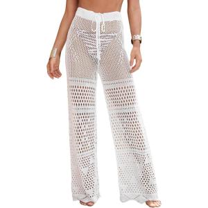 imageMakeMeChic Womens Cover Up Pants Drawstring Crochet Knitted Sheer Beach Cover Up Pants SwimwearA White