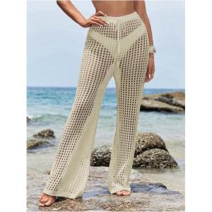 imageMakeMeChic Womens Cover Up Pants Drawstring Crochet Knitted Sheer Beach Cover Up Pants SwimwearApricot