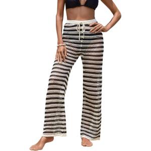 imageMakeMeChic Womens Cover Up Pants Drawstring Crochet Knitted Sheer Beach Cover Up Pants SwimwearBlack and White