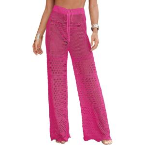 imageMakeMeChic Womens Cover Up Pants Drawstring Crochet Knitted Sheer Beach Cover Up Pants SwimwearHot Pink