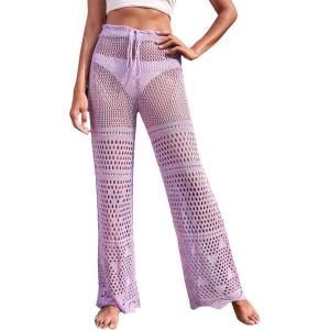 imageMakeMeChic Womens Cover Up Pants Drawstring Crochet Knitted Sheer Beach Cover Up Pants SwimwearLilac Purple