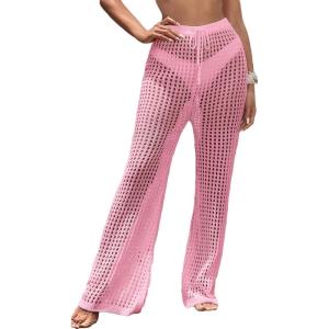 imageMakeMeChic Womens Cover Up Pants Drawstring Crochet Knitted Sheer Beach Cover Up Pants SwimwearPink Hollow Out