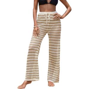 imageMakeMeChic Womens Cover Up Pants Drawstring Crochet Knitted Sheer Beach Cover Up Pants SwimwearStriped Khaki