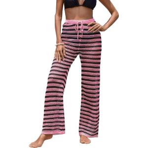imageMakeMeChic Womens Cover Up Pants Drawstring Crochet Knitted Sheer Beach Cover Up Pants SwimwearStriped Pink