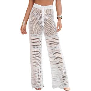 imageMakeMeChic Womens Cover Up Pants Drawstring Crochet Knitted Sheer Beach Cover Up Pants SwimwearWhite