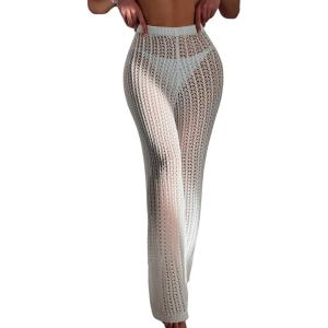 imageMakeMeChic Womens Cover Up Pants Drawstring Crochet Knitted Sheer Beach Cover Up Pants SwimwearWhite E