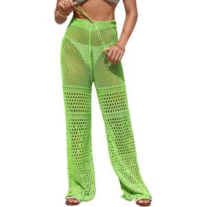 imageMakeMeChic Womens Cover Up Pants Drawstring Crochet Knitted Sheer Beach Cover Up Pants SwimwearX Green