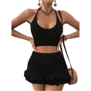 imageMakeMeChic Womens Crochet Cover Up Halter Crop Tops and Ruffle Skirt Swimwear Bathing SuitBlack
