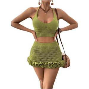 imageMakeMeChic Womens Crochet Cover Up Halter Crop Tops and Ruffle Skirt Swimwear Bathing SuitGreen