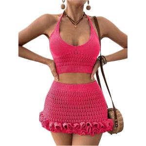 imageMakeMeChic Womens Crochet Cover Up Halter Crop Tops and Ruffle Skirt Swimwear Bathing SuitHot Pink