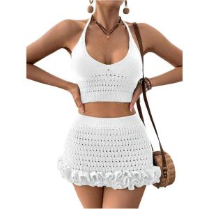 imageMakeMeChic Womens Crochet Cover Up Halter Crop Tops and Ruffle Skirt Swimwear Bathing SuitWhite