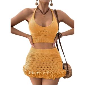 imageMakeMeChic Womens Crochet Cover Up Halter Crop Tops and Ruffle Skirt Swimwear Bathing SuitYellow