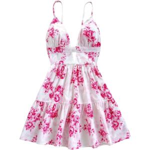 imageMakeMeChic Womens Floral Cami Dress Spaghetti Strap Backless Cut Out Ruffle Hem A Line Mini Dresses SundressPink