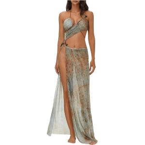 imageMakeMeChic Womens Halter Mesh Sheer Ruched Asymmetrical Swimsuit Coverup Beach DressMulticolor