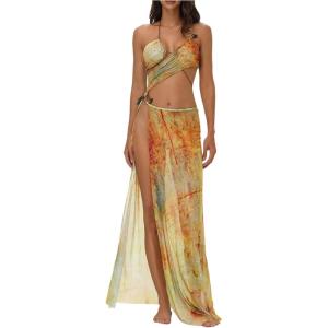 imageMakeMeChic Womens Halter Mesh Sheer Ruched Asymmetrical Swimsuit Coverup Beach DressYellow
