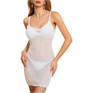 imageMakeMeChic Womens Hollow Out Crochet Dress Spaghetti Strap Knit Mini Dresses Swimsuit Cover UpWhite