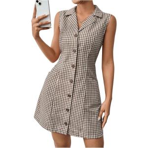 imageMakeMeChic Womens Plaid Gingham Lapel Button Down Short Dresses Sleeveless A Line Shirt Dress with PocketBrown