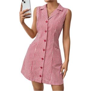 imageMakeMeChic Womens Plaid Gingham Lapel Button Down Short Dresses Sleeveless A Line Shirt Dress with PocketRed and White
