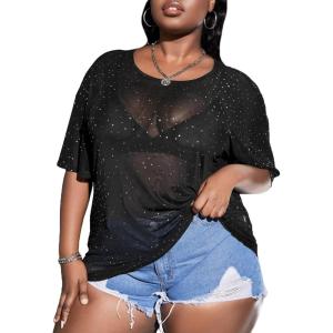 imageMakeMeChic Womens Plus Size Clothes Concert Outfits Summer Sequin Tops See Through Mesh Short Sleeve ShirtsA Black Sequin