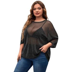 imageMakeMeChic Womens Plus Size Clothes Concert Outfits Summer Sequin Tops See Through Mesh Short Sleeve ShirtsB Black