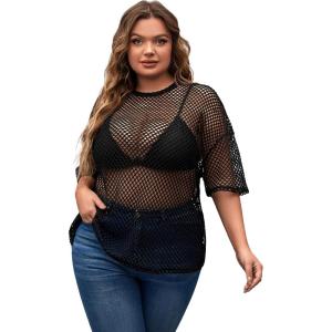 imageMakeMeChic Womens Plus Size Clothes Concert Outfits Summer Sequin Tops See Through Mesh Short Sleeve ShirtsBlack Fishnet