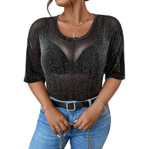imageMakeMeChic Womens Plus Size Clothes Concert Outfits Summer Sequin Tops See Through Mesh Short Sleeve ShirtsBlack Glitter