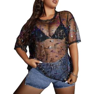 imageMakeMeChic Womens Plus Size Clothes Concert Outfits Summer Sequin Tops See Through Mesh Short Sleeve ShirtsBlack Graphic Print