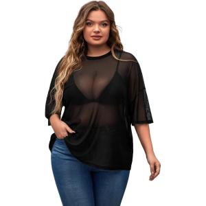 imageMakeMeChic Womens Plus Size Clothes Concert Outfits Summer Sequin Tops See Through Mesh Short Sleeve ShirtsBlack Mesh