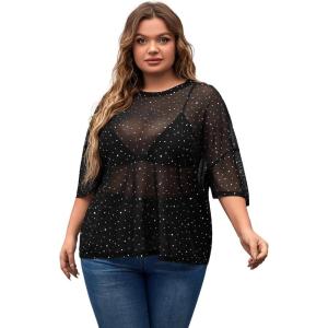 imageMakeMeChic Womens Plus Size Clothes Concert Outfits Summer Sequin Tops See Through Mesh Short Sleeve ShirtsBlack Rhinestone