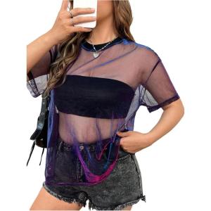 imageMakeMeChic Womens Plus Size Clothes Concert Outfits Summer Sequin Tops See Through Mesh Short Sleeve ShirtsDark Purple