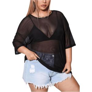 imageMakeMeChic Womens Plus Size Clothes Concert Outfits Summer Sequin Tops See Through Mesh Short Sleeve ShirtsSolid Black