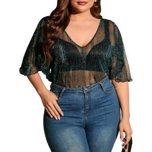 imageMakeMeChic Womens Plus Size Clothes Concert Outfits Summer Sequin Tops See Through Mesh Short Sleeve ShirtsTeal Blue