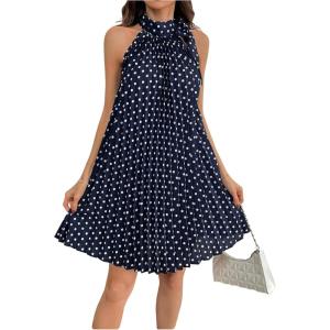 imageMakeMeChic Womens Polka Dots Halter Dress Tie Sleeveless Pleated A Line Flare Mini DressesLight Blue