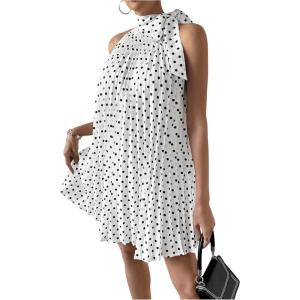imageMakeMeChic Womens Polka Dots Halter Dress Tie Sleeveless Pleated A Line Flare Mini DressesWhite