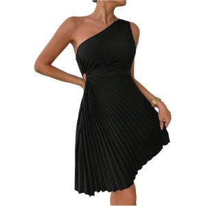 imageMakeMeChic Womens Summer Dress 2025 Tie Dye One Shoulder Mini Dress Pleated Cut Out Wedding Guest DressesBlack