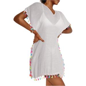 imageMakeMeChic Womens Swimsuit Cover Up Tassel Short Sleeve Bathing Suit Beach CoverupsBeige