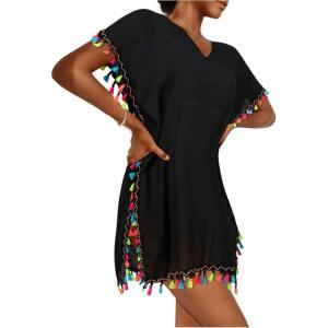 imageMakeMeChic Womens Swimsuit Cover Up Tassel Short Sleeve Bathing Suit Beach CoverupsBlack
