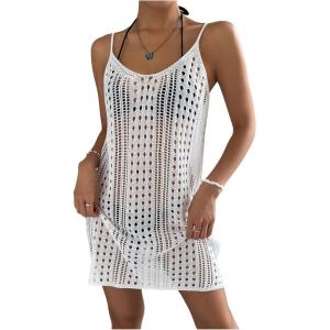imageMakeMeChic Womens Swimsuit Crochet Swim Beach Cover Up Dress Hollow Out Sleeveless Knit Swim Dresses SwimwearWhite