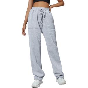 imageMakeMeChic Womens Wide Leg Sweatpants Drawstring High Waist Straight Leg Casual Loose Baggy Sweatpants PantsGrey Pocket