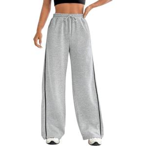 imageMakeMeChic Womens Wide Leg Sweatpants Drawstring High Waist Straight Leg Casual Loose Baggy Sweatpants PantsGrey and Black