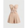 imageMakeMeChic Womens 2 Piece Outfit Shirred Tie Front Sleeveless Bandeau Summer Tube Top and Wide Leg Shorts SetKhaki