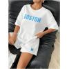imageMakeMeChic Womens 2 Piece Outfits Half Sleeve Crew Neck Letter Print Tee and Track Shorts SetWhite and Blue