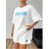 imageMakeMeChic Womens 2 Piece Outfits Half Sleeve Crew Neck Letter Print Tee and Track Shorts SetWhite and Blue