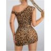 imageMakeMeChic Womens 2 Piece Outfits Leopard Print Asymmetrical Neck Crop Top and Mini Skirt SetMulticolor