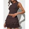 imageMakeMeChic Womens 2 Piece Textured Outfit Sleeveless Crop Tops and Ruffle Layered Mini Skirt SetBrown