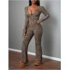 imageMakeMeChic Womens 2 Piece Y2k Outfit Leopard Print V Neck Crop Tops Bell Bottom Pants SetBrown
