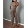 imageMakeMeChic Womens 2 Piece Y2k Outfit Leopard Print V Neck Crop Tops Bell Bottom Pants SetBrown