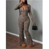 imageMakeMeChic Womens 2 Piece Y2k Outfit Leopard Print V Neck Crop Tops Bell Bottom Pants SetBrown